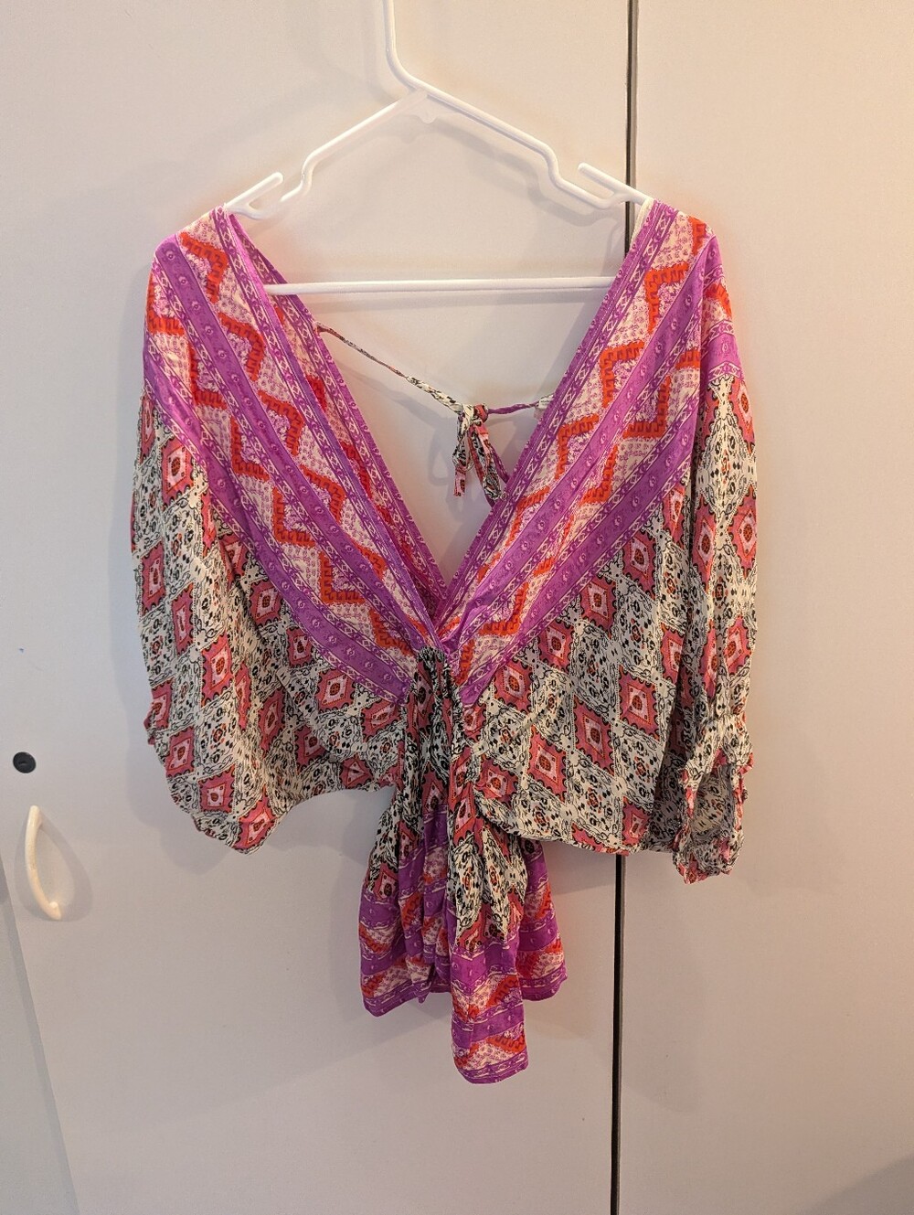 Umgee Pink Purple Mixed-Print Tie-Front V-Neck Blouse Small NWT